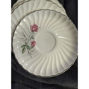 VINTAGE SCIO DORSET "PINK ROSE STEM" PLATINUM TRIM 4 Bread/Dessert Plates 6 in